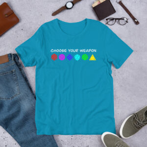 Role-Playing Gamer T-Shirt - 'Choose Your Weapon' with Polyhedral Dice Design