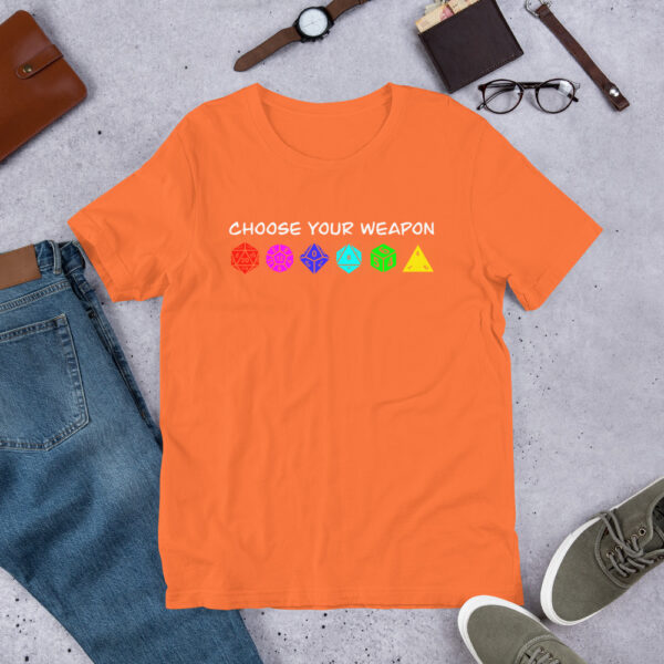 Role-Playing Gamer T-Shirt - 'Choose Your Weapon' with Polyhedral Dice Design - Image 5